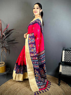 Rani Pink Dola Kalamkari Zari Stripe Saree