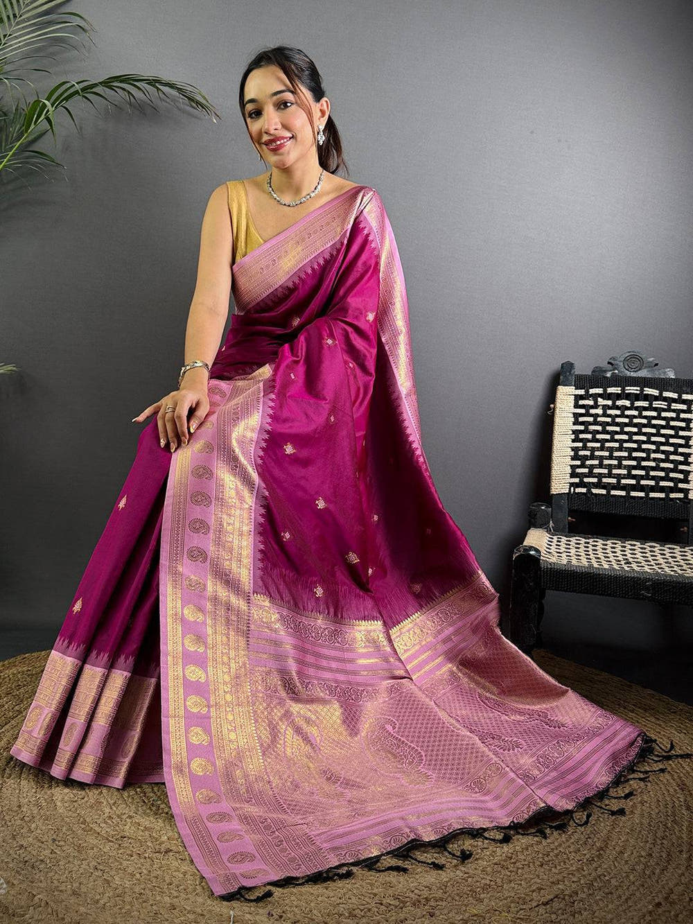Wine Soft Silk Gadwal Border Saree

