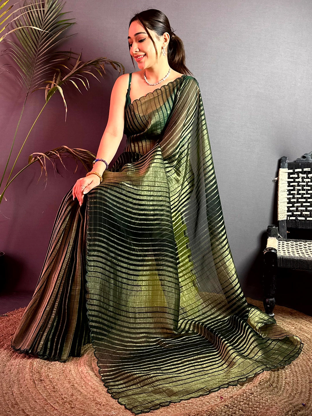 Classic Gold Zari Striped Chiffon Saree