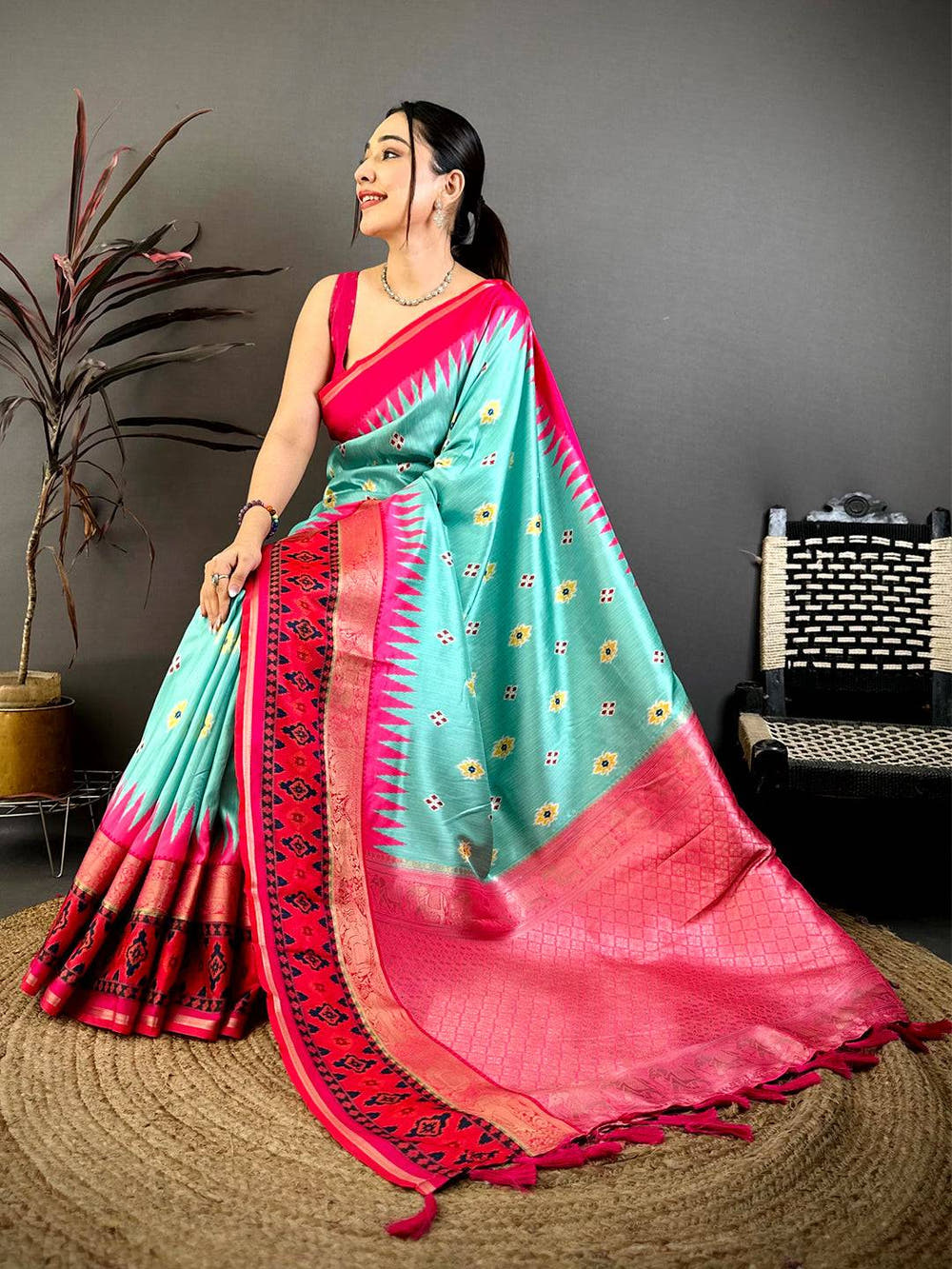 Aqua Contrast Satin Ikat Zari Silk Saree