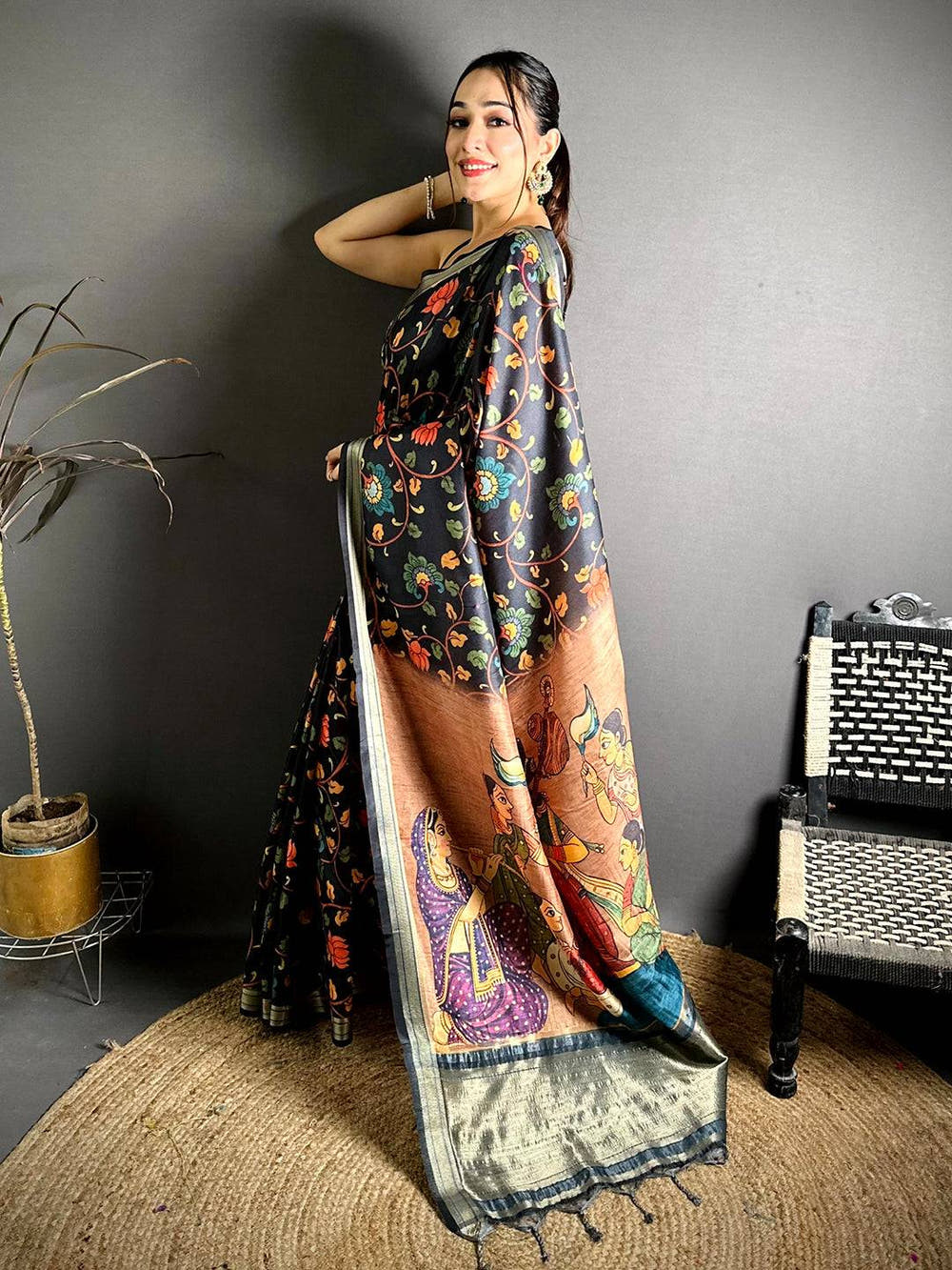Soft Silk Kalamkari Gaji Lakda Patta Saree