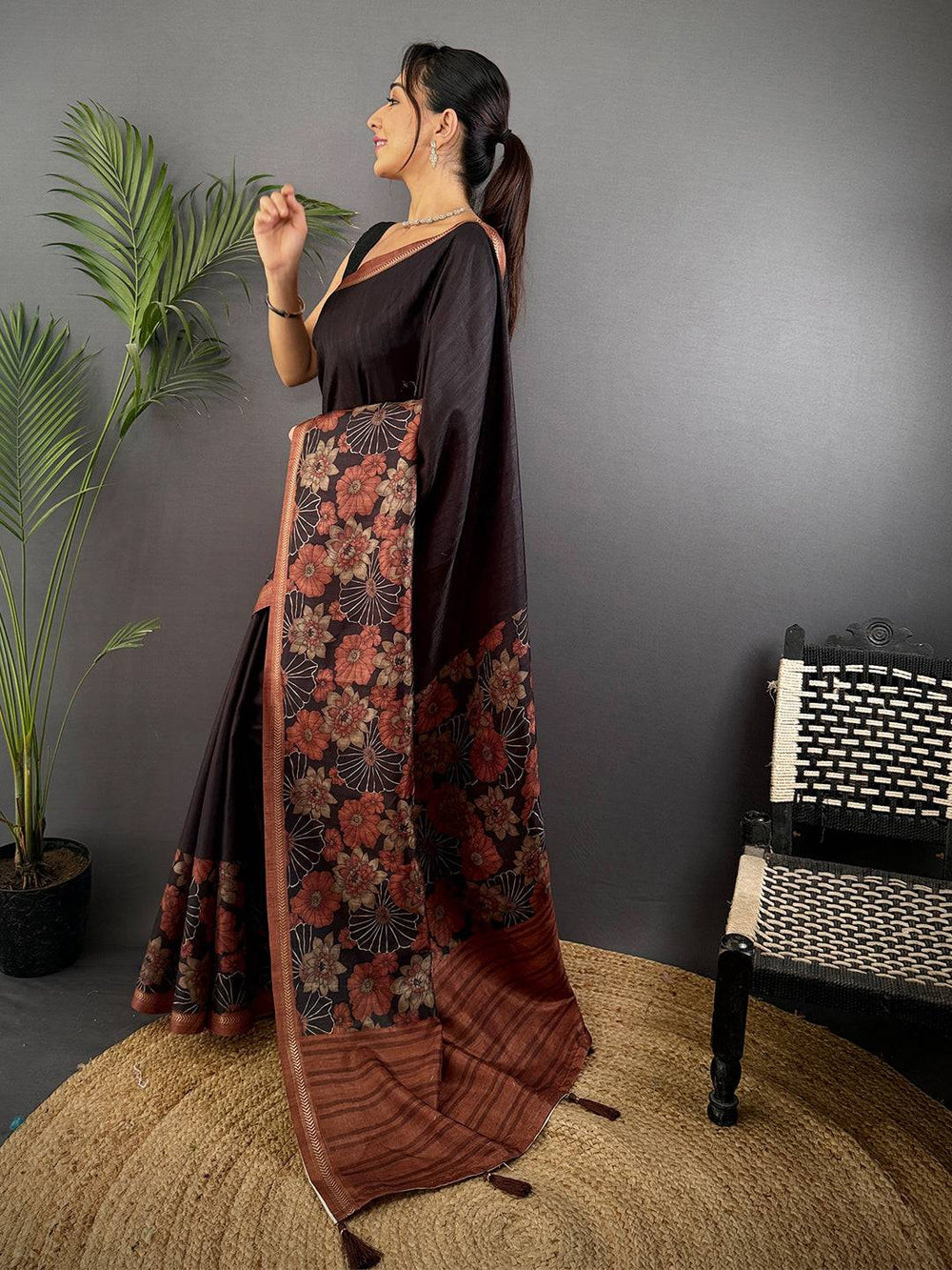 Brown Ghicha Tussar Silk Floral Saree