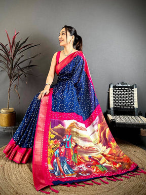 Navy Bandhej Fusion Dola Print Saree