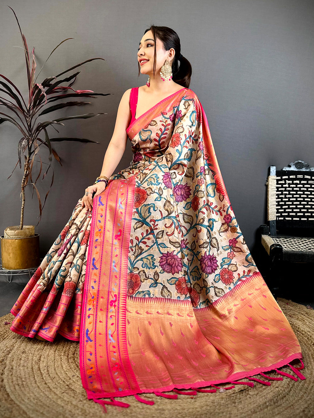 Cream Paithani Border Kora Tissue Saree