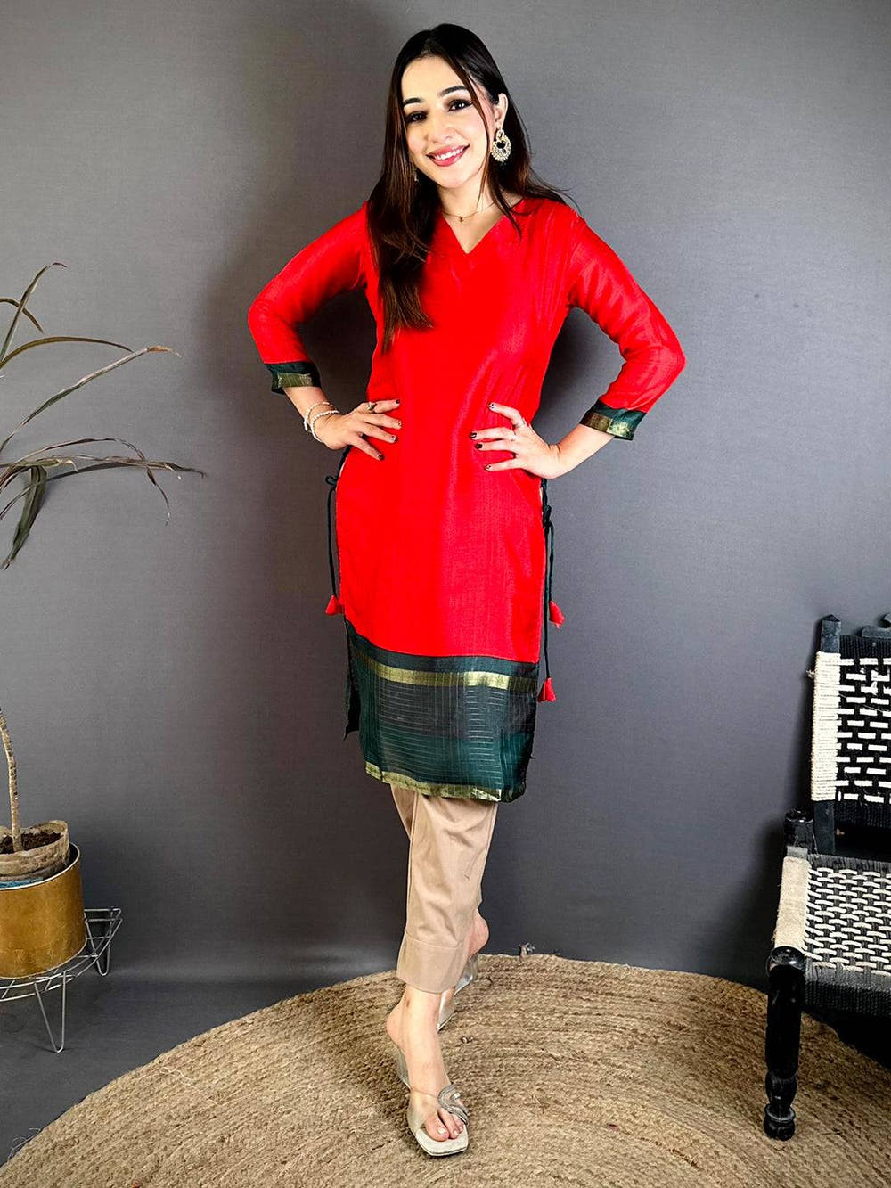 Red Soft Kota Crepe V Neck Kurti
