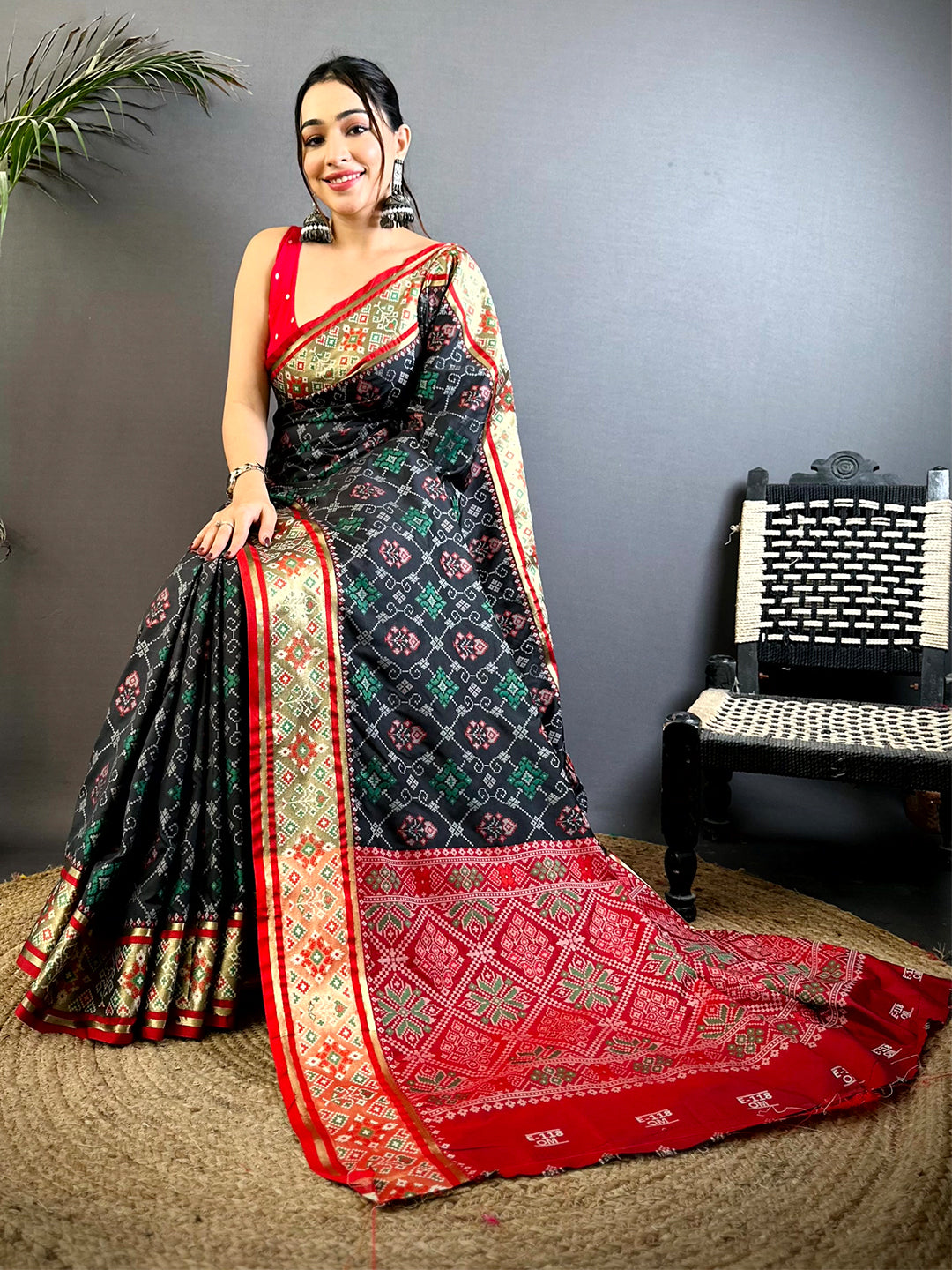 Black Pochampally Patola Soft Silk Saree