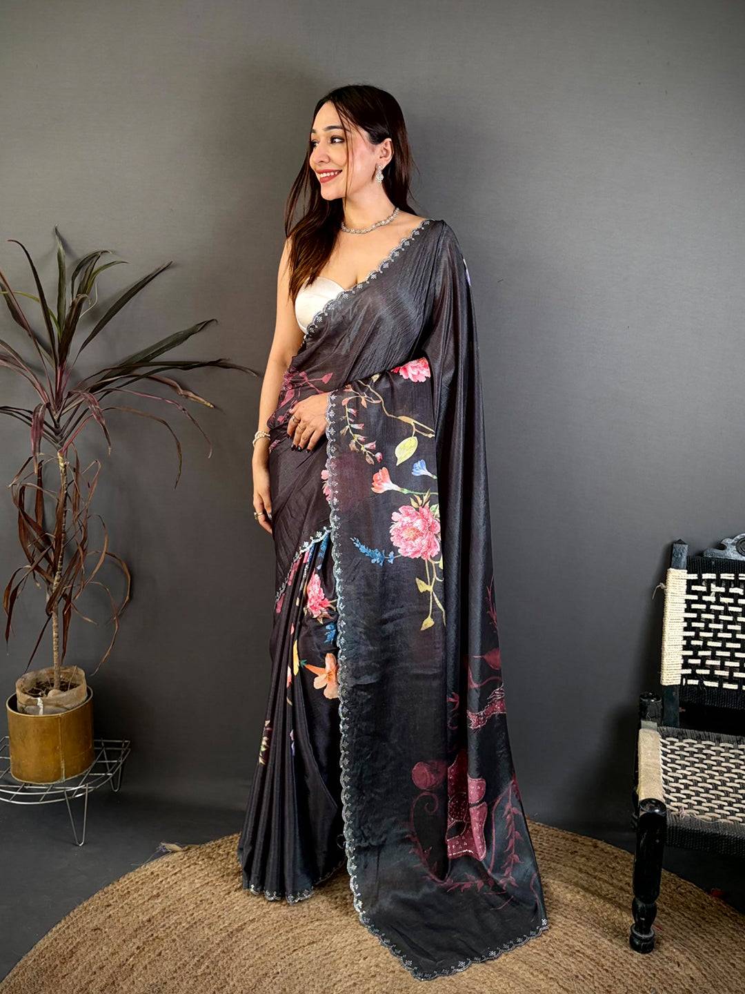 Stylish Diamond Stone Work Chinon Saree

