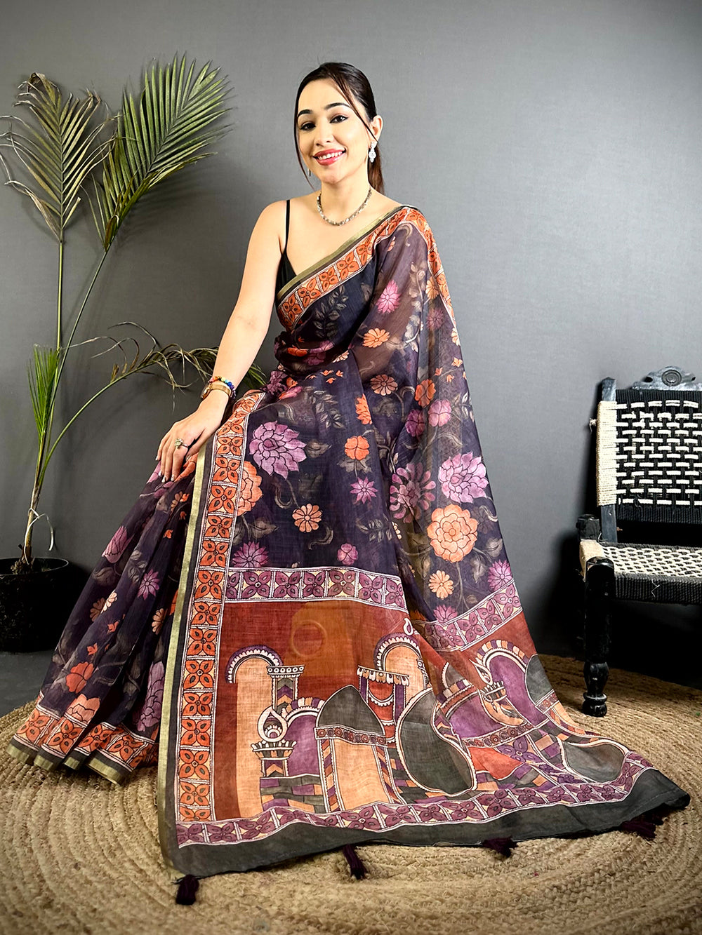 Royal Floral Kalamkari Soft Linen Saree