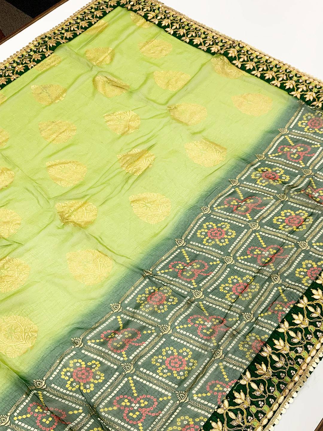 Vibrant Bandhej Foil Work Saree
