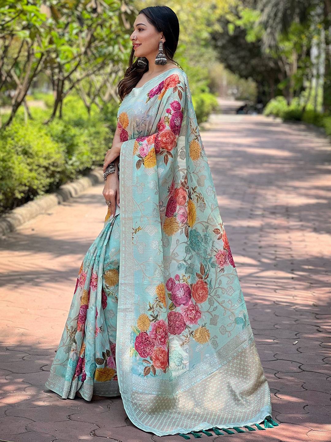 Traditional Light Green Lakhnavi Bandla Zari Weaving Saree