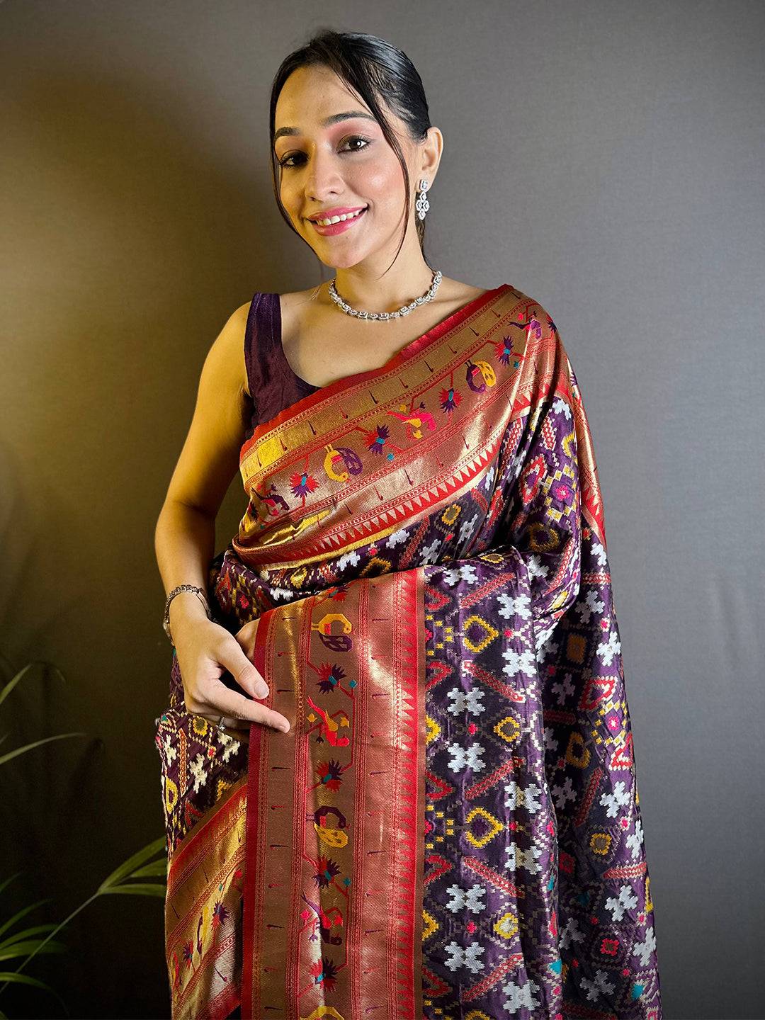 Maroon Patola Silk Zari Weaving Saree