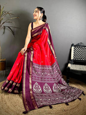 Red Soft Dola Block Print Pallu Saree