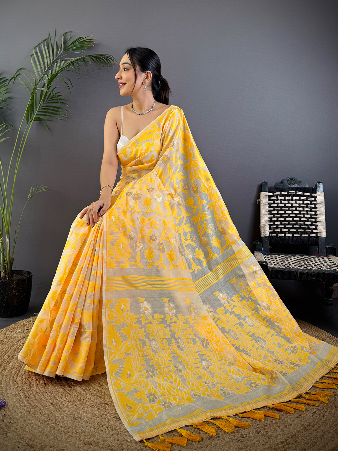 Yellow Soft Cotton Silk Jamdani Vally Saree