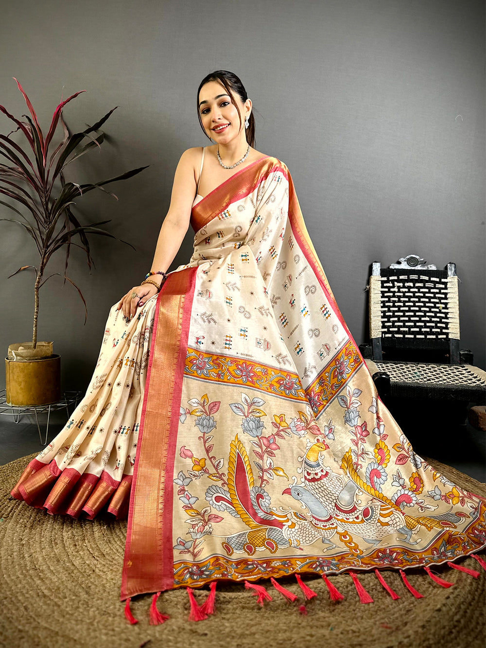 Peach Soft Dola Silk Warli Print Saree