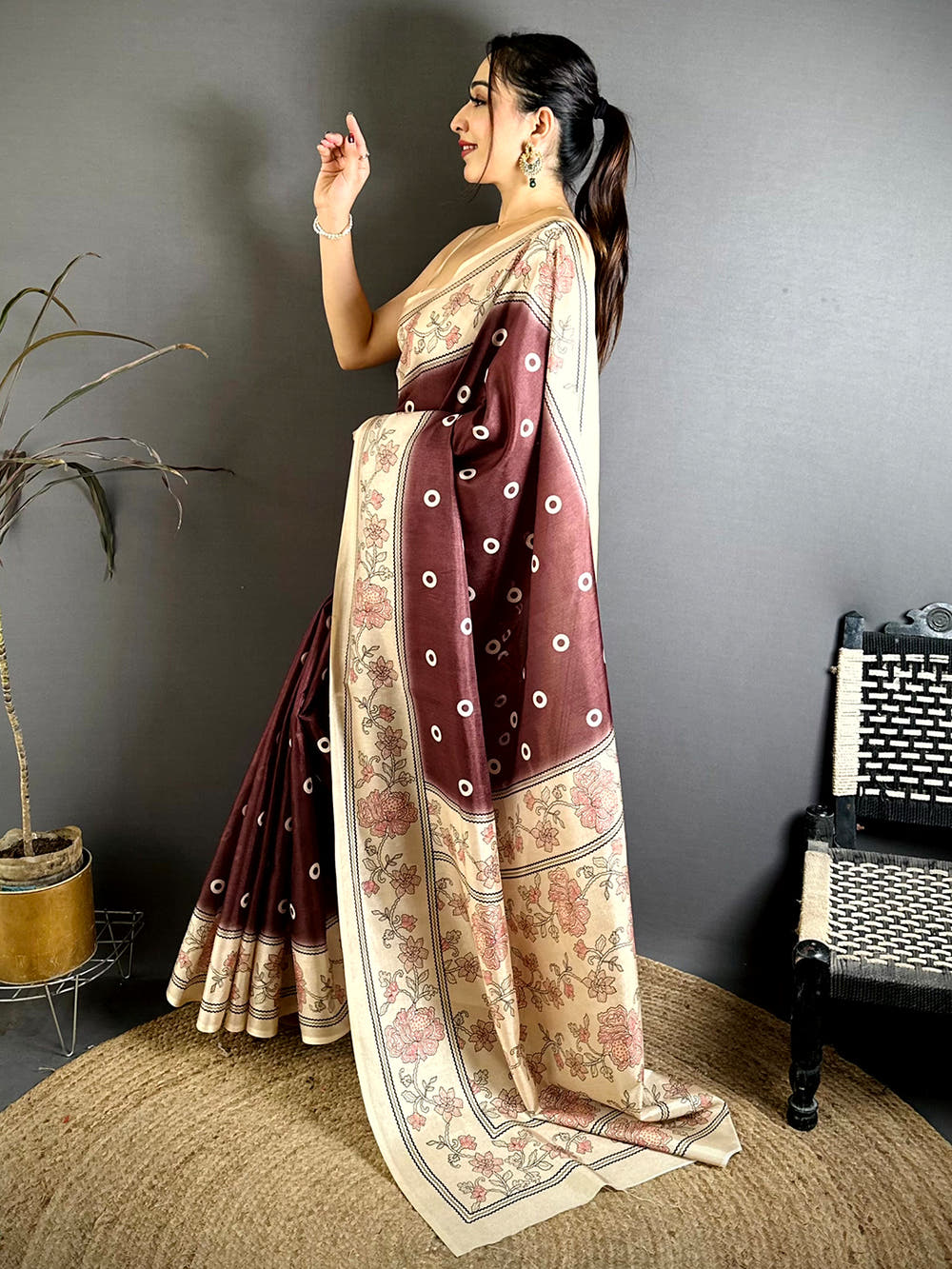 Stylish Tussar Polka Dot Floral Print Saree