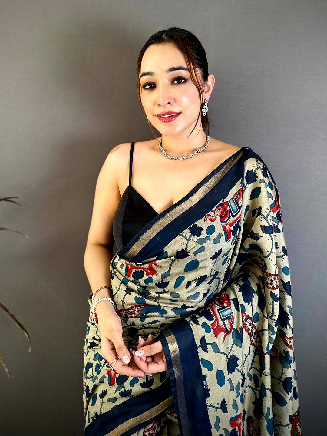 Regal Mul Cotton Elephant Kalamkari Print Saree