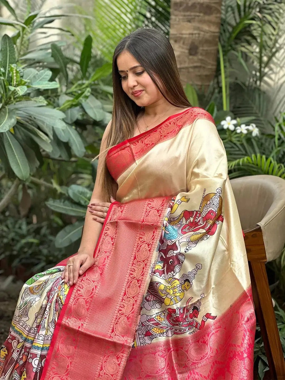 Traditional Soft Silk Kalamkari Saree featuring digital prints