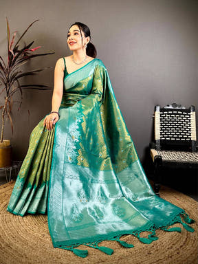Heritage Teal Gold Zari Kanjivaram Saree
