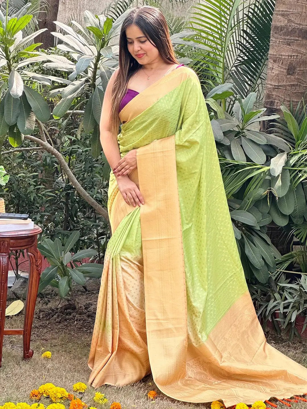 Elegant Banarasi Ombre Saree worn outdoors