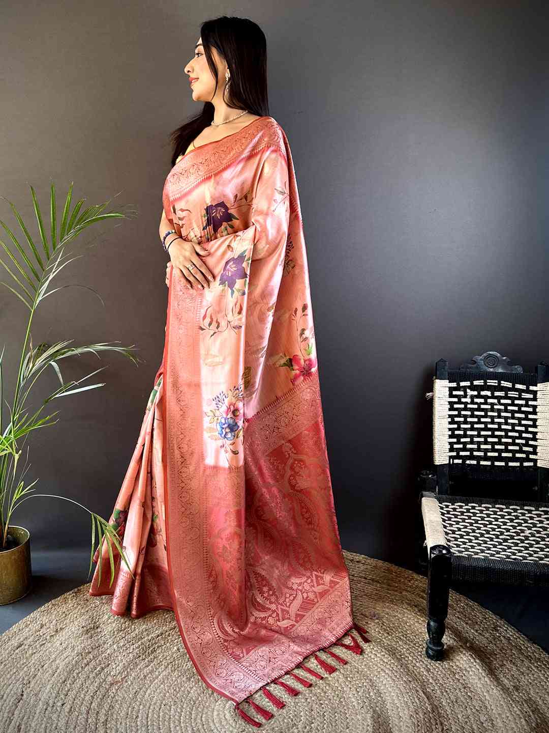 Coral Bamboo Silk Floral Saree