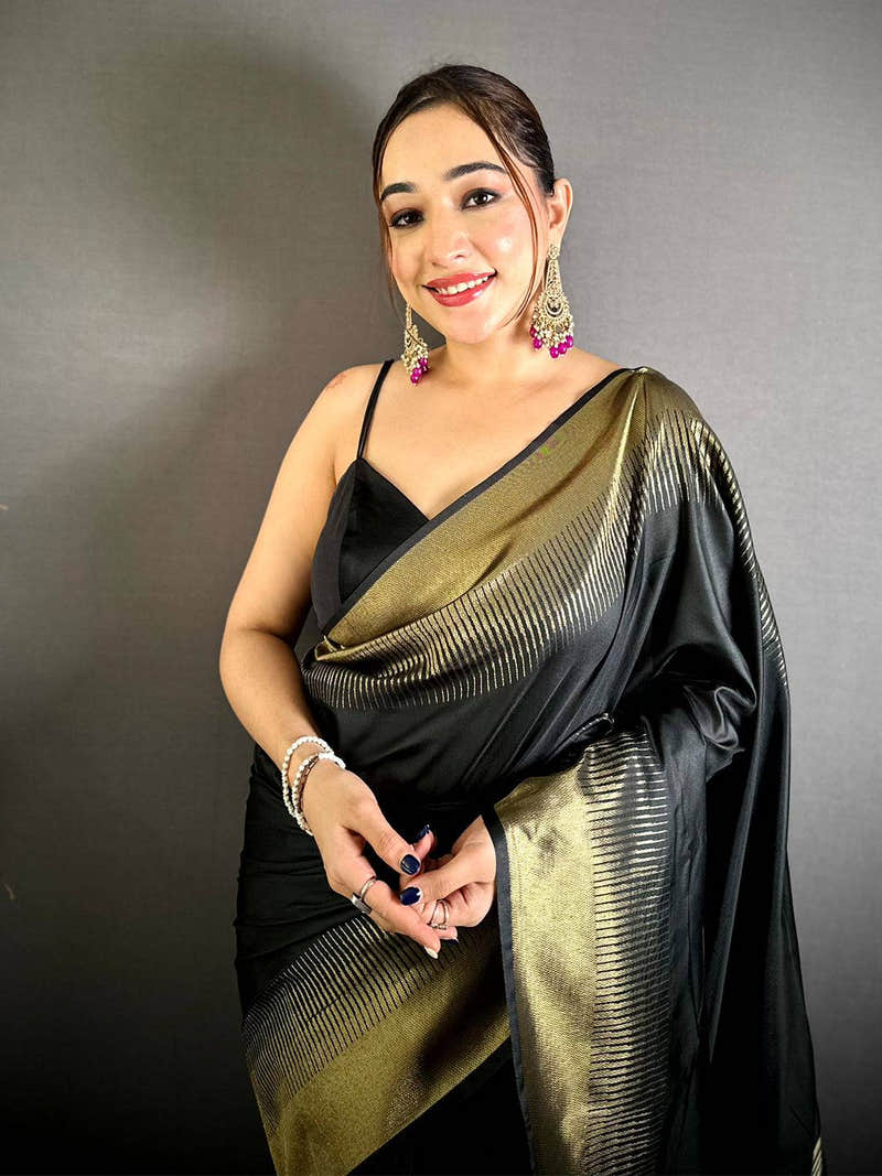 Dark Black Plain Body Ikkat Border Saree