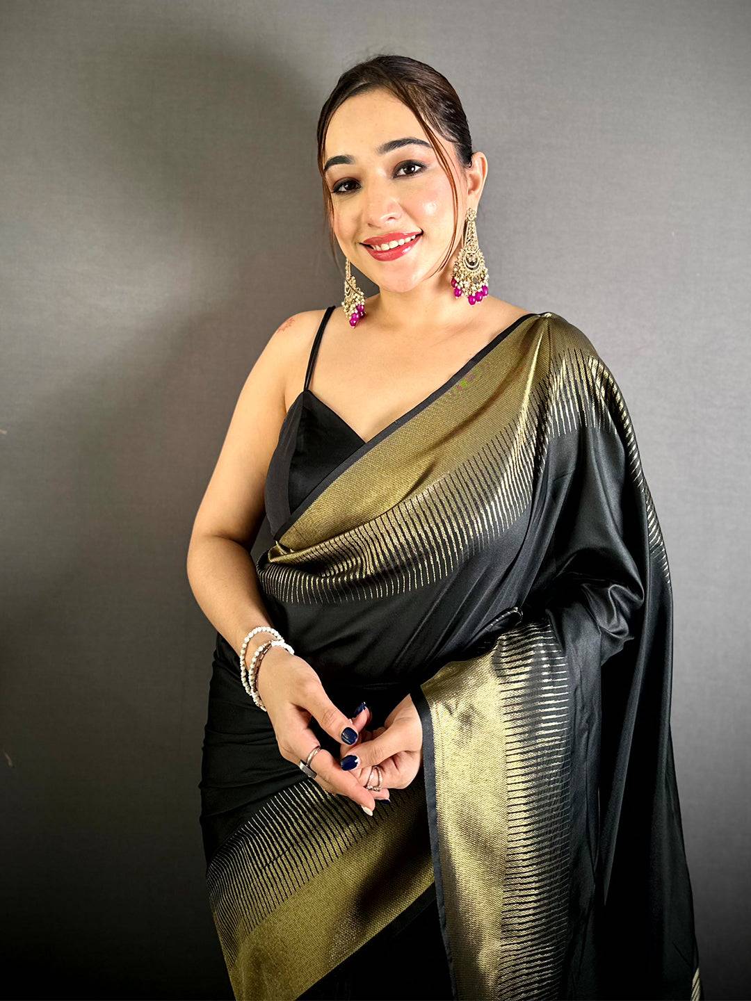 Dark Black Plain Body Ikkat Border Saree