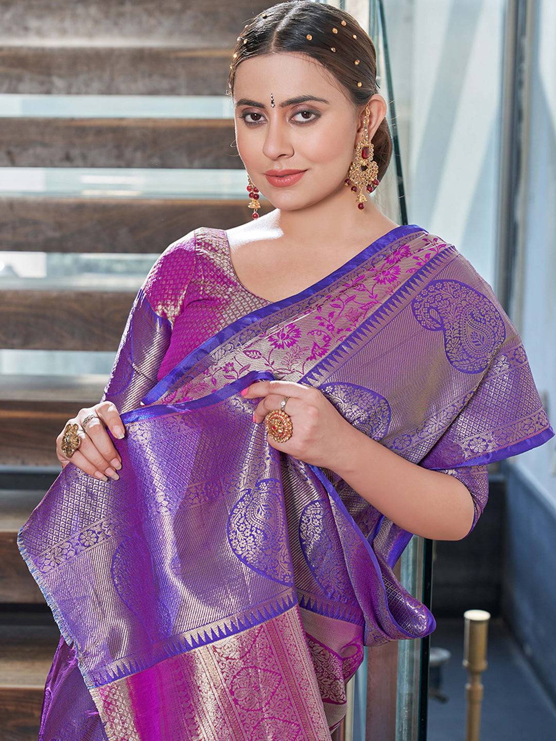 Kanchipuram Silk Jaal Rich Zari Woven Purple Colour Saree