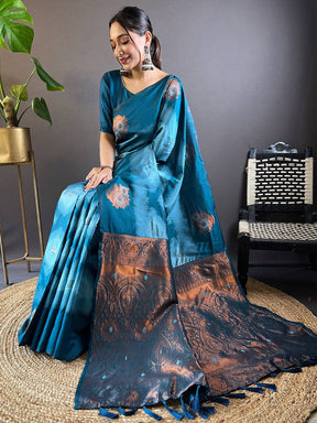 Blue Tussar Silk Ikkat Weaving Saree


