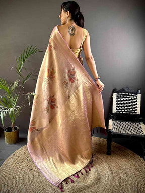 Stylish Wine Self Gold Zari Floral Print Saree