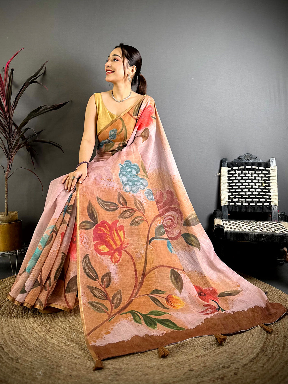 Peach Gold Zari Linen Chanderi Saree