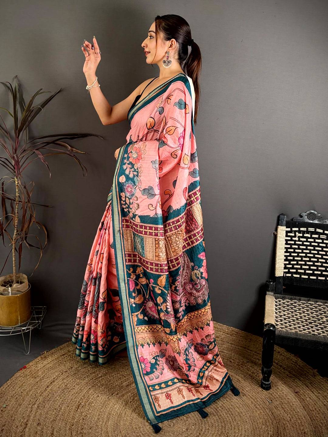 Vibrant Bright Pen Kalamkari Tussar Saree