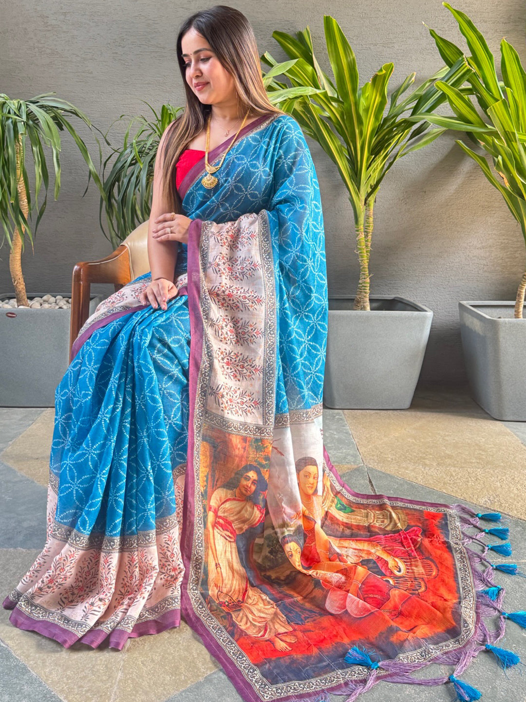 Blue Colour Ikkat Print Saree With Kalamkari Design