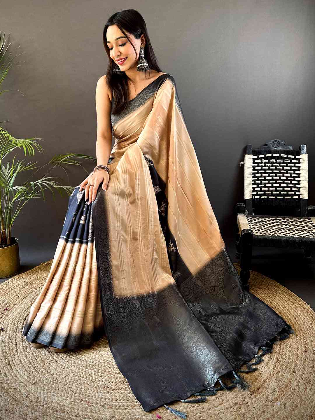 Beige Crepe Silk Floral Saree
