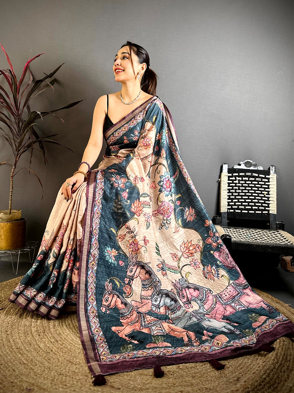 Heritage Tussar Ghicha Kalamkari Saree