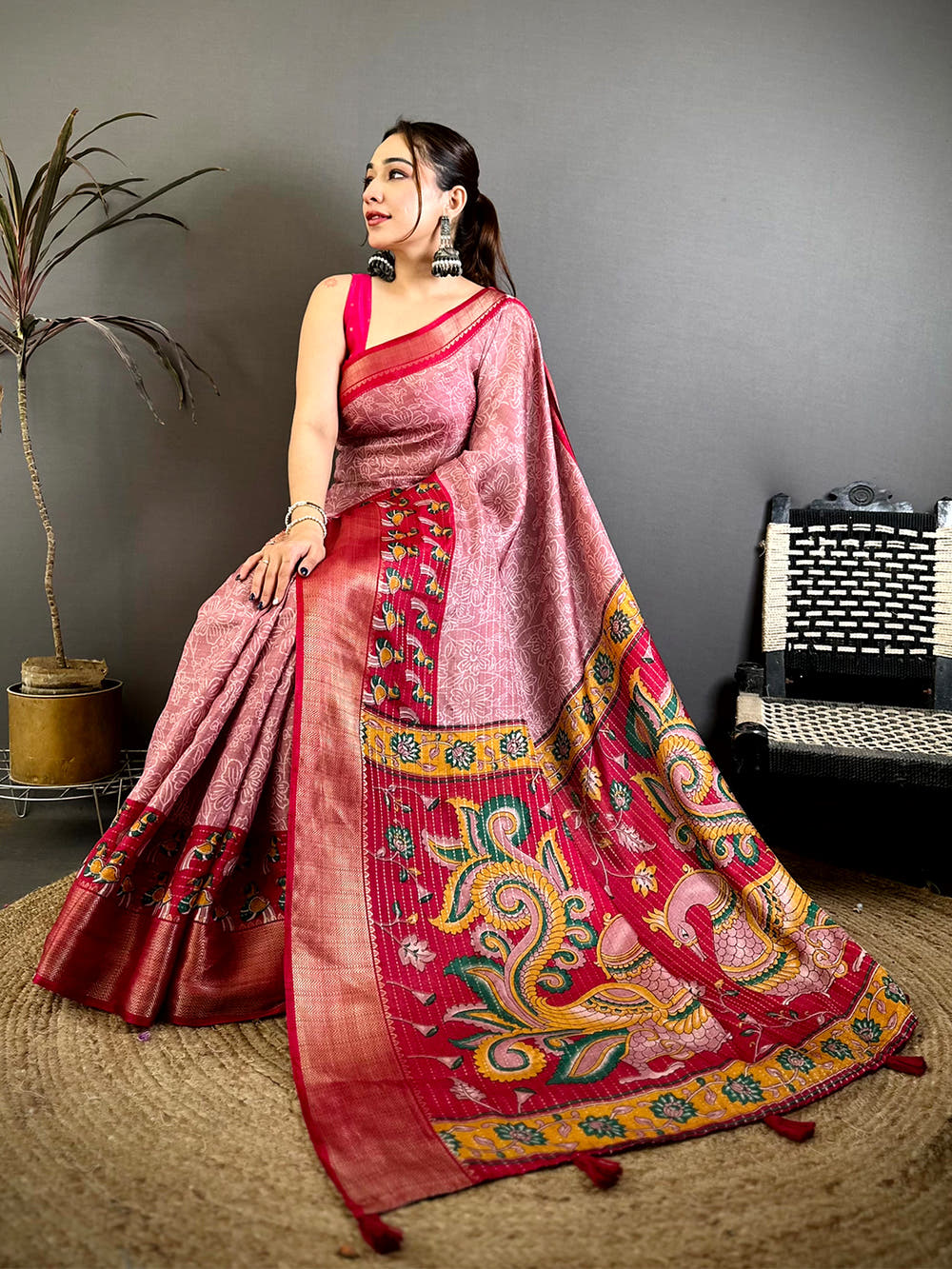 Elegant Zari Katha Pattern Kalamkari Saree
