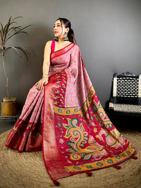 Elegant Zari Katha Pattern Kalamkari Saree