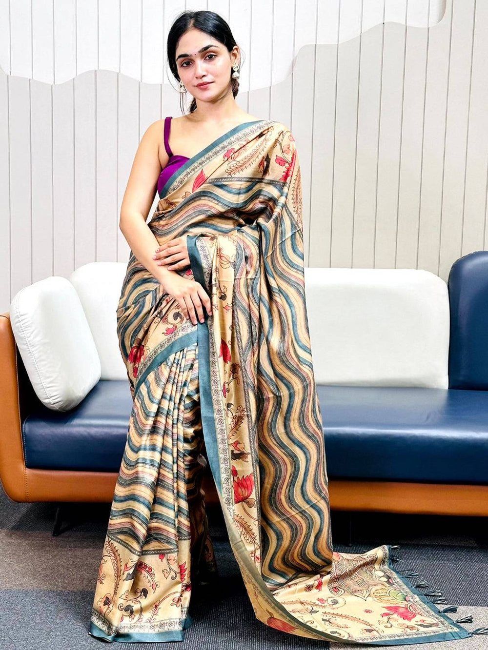 Traditional Teal Tussar Silk Saree with Kalamakri and Leheriya