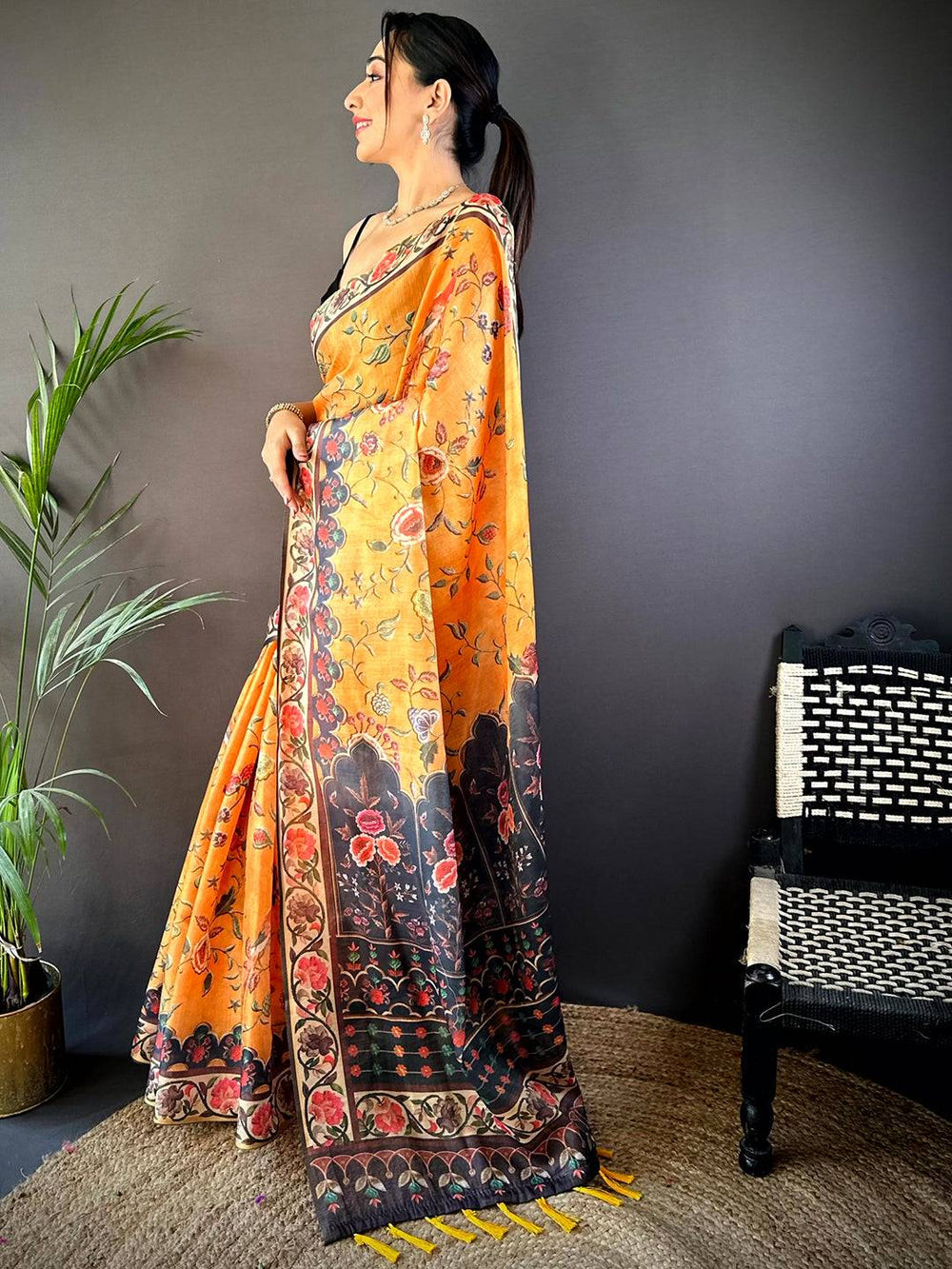 Yellow Chanderi Floral Kalamkari Digital Print Saree