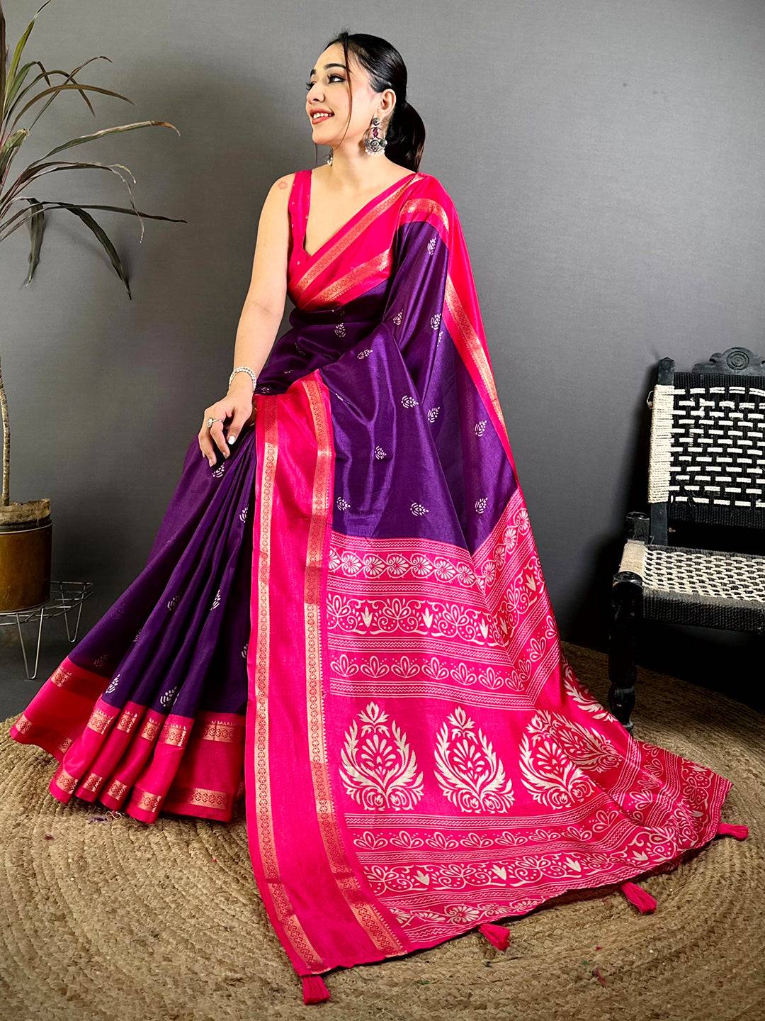 Purple Soft Dola Block Print Pallu Saree