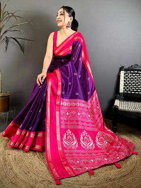 Purple Soft Dola Block Print Pallu Saree