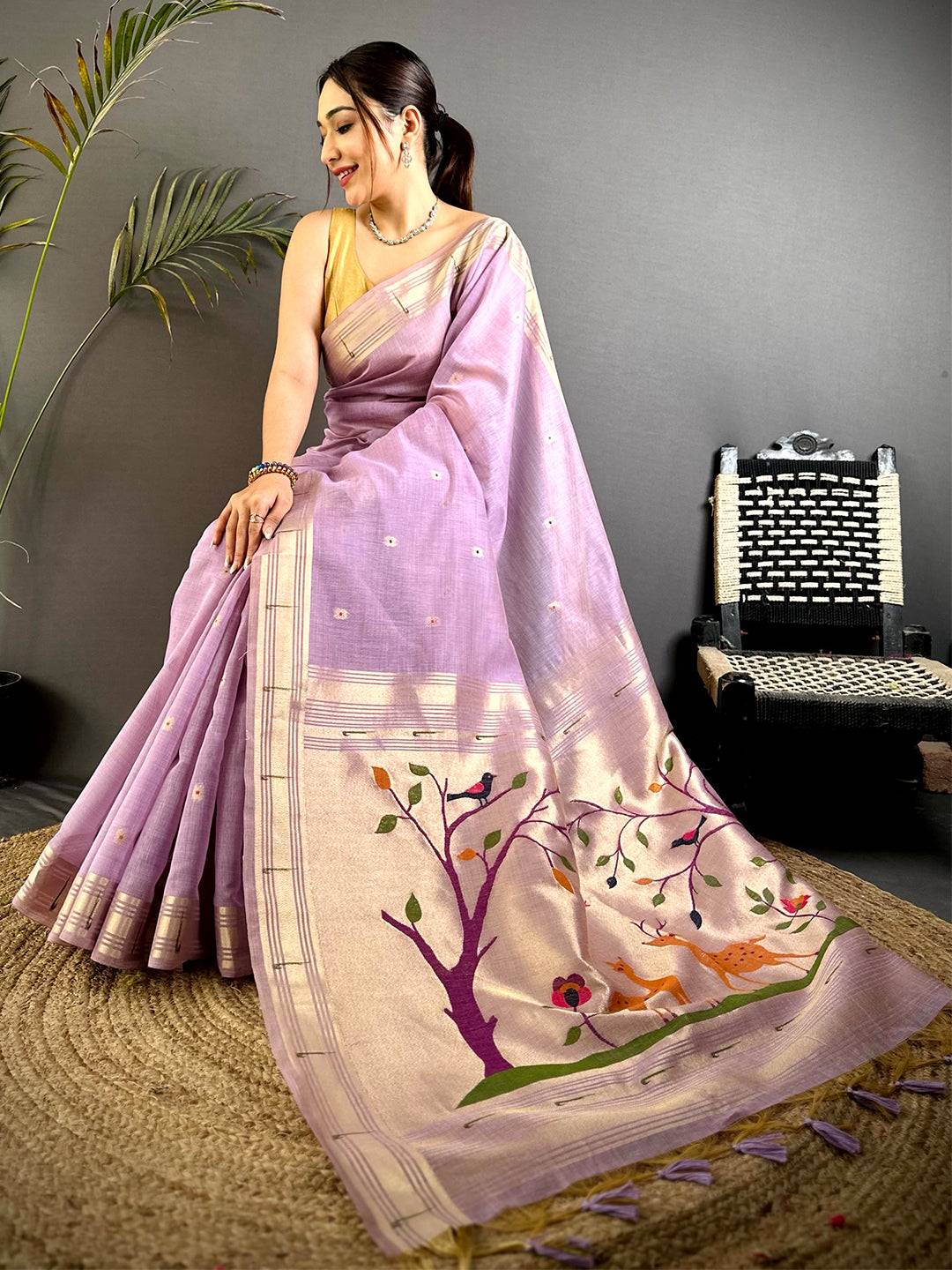 Lavender Minakari Paithani Khadi Linen Saree