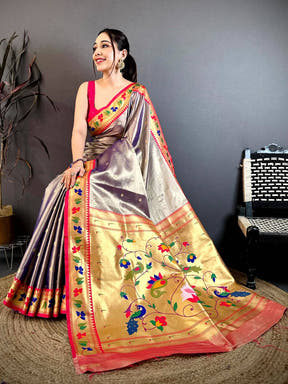 Royal Peach Zari Tissue Paithani Style Saree