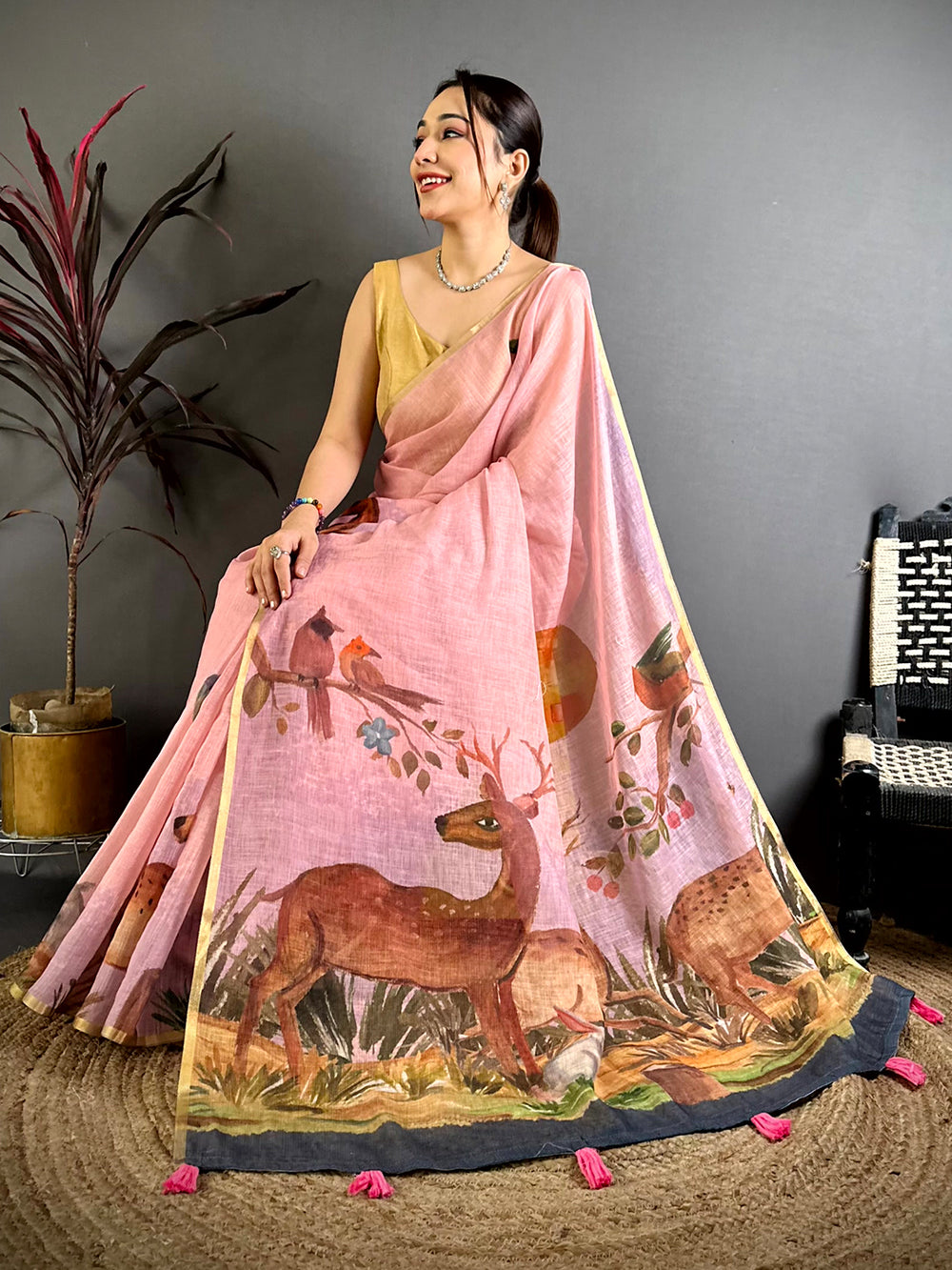 Blush Pink Animal Print Linen Chanderi Saree