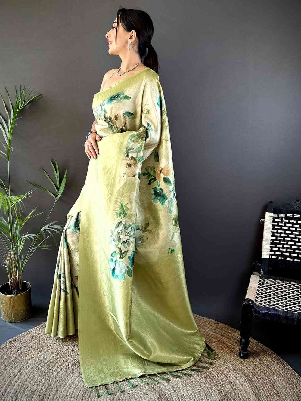 Olive Kanjivaram Digital Silk Saree