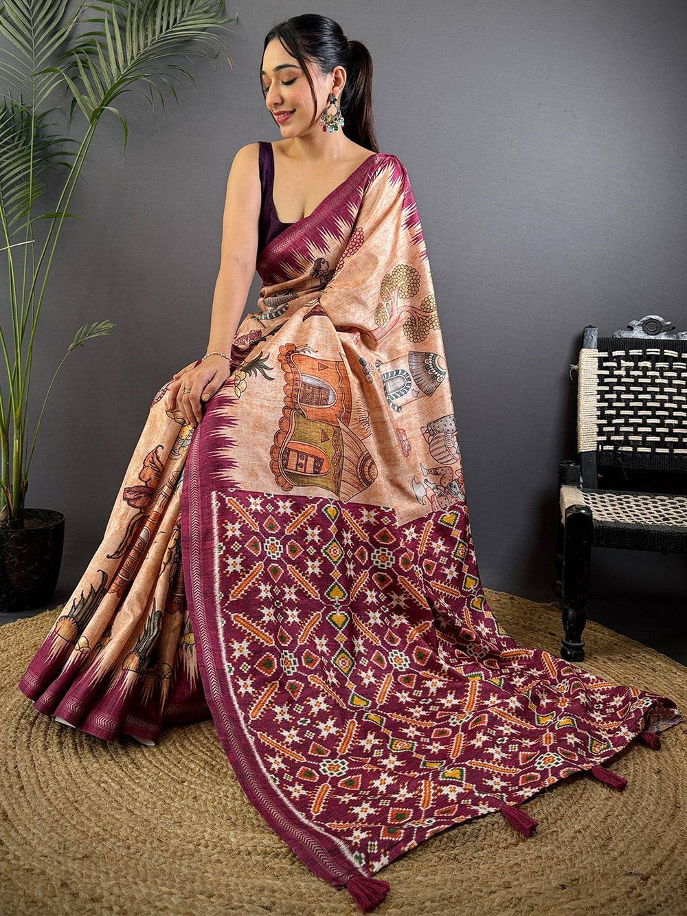 Light Peach Tussar Silk Kalamkari Printed Saree