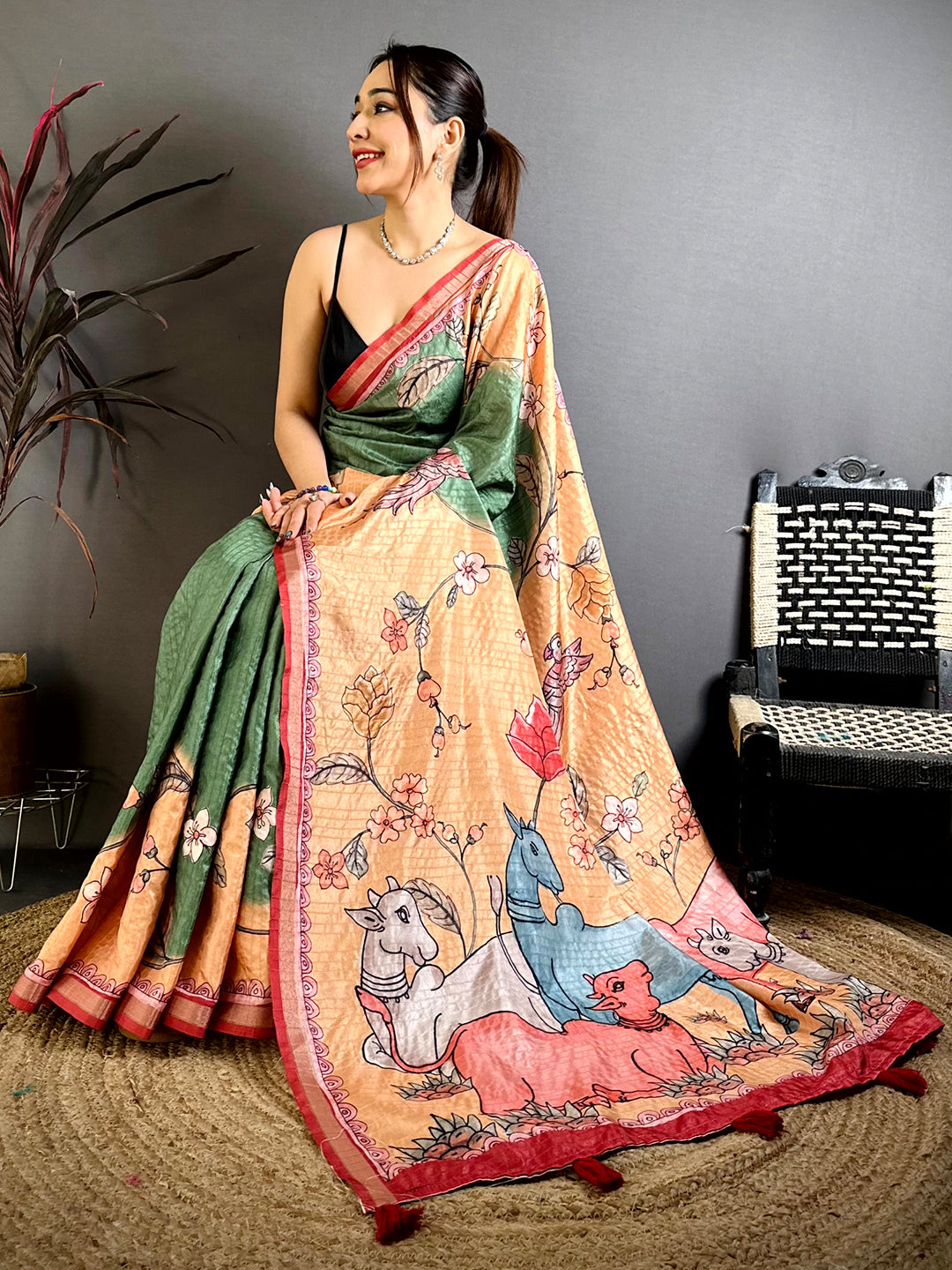 Graceful Tussar Ghicha Digital Art Saree