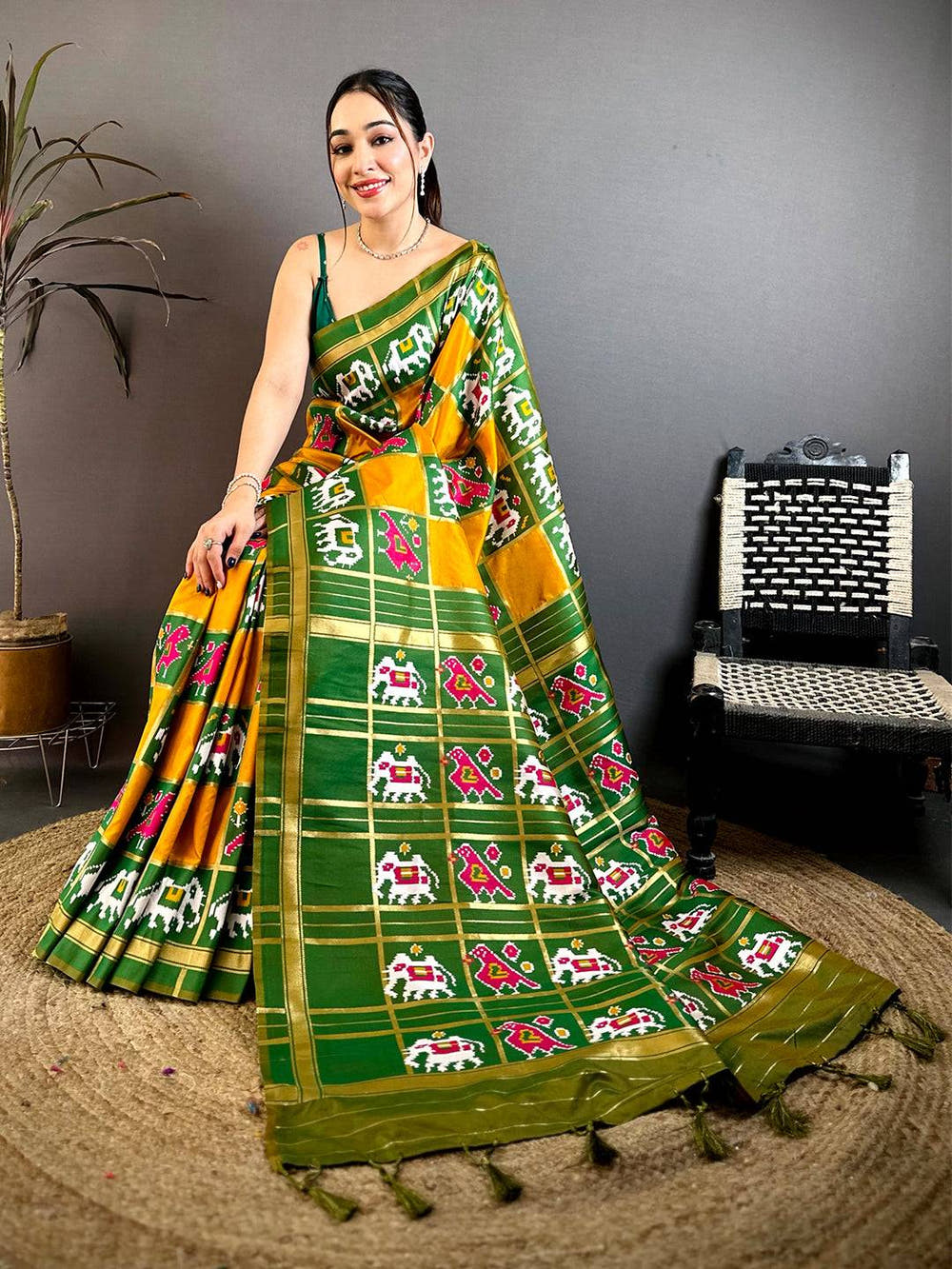 Elegant Yellow Green Ikkat Patola Silk Saree