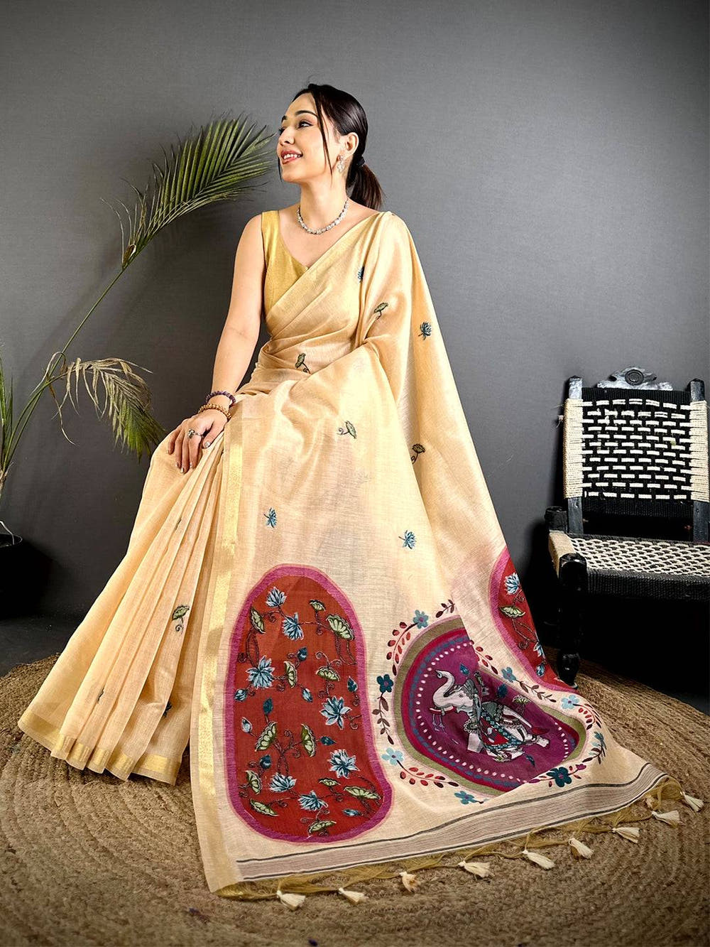 Royal Pichwai Resham Work Linen Saree


