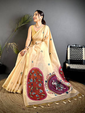 Royal Pichwai Resham Work Linen Saree


