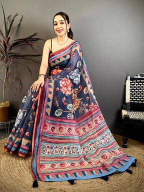 Navy Free Hand Floral Linen Saree